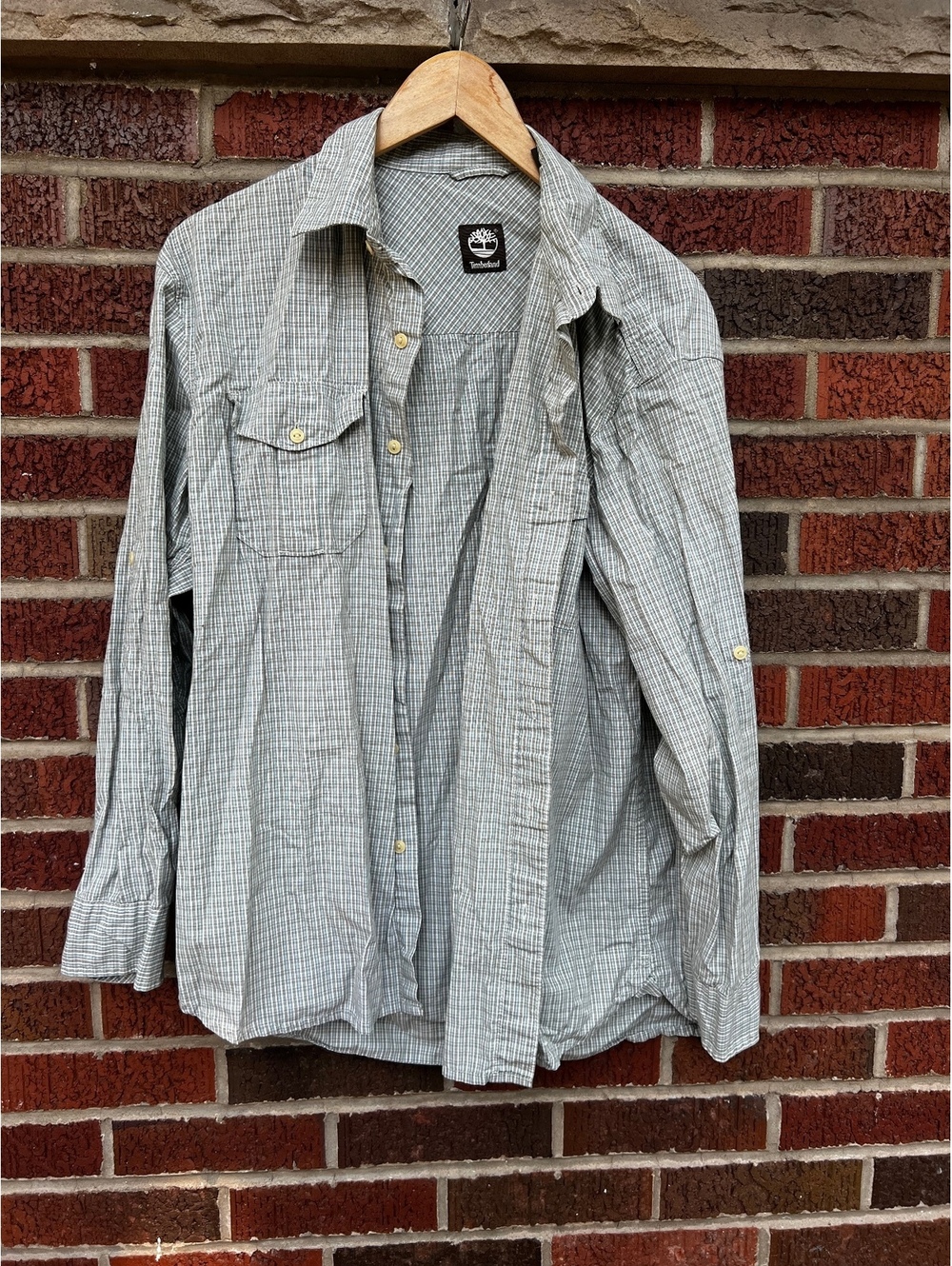 Timberland Gray and Teal Blue Plaid Button Down Dress Shirt